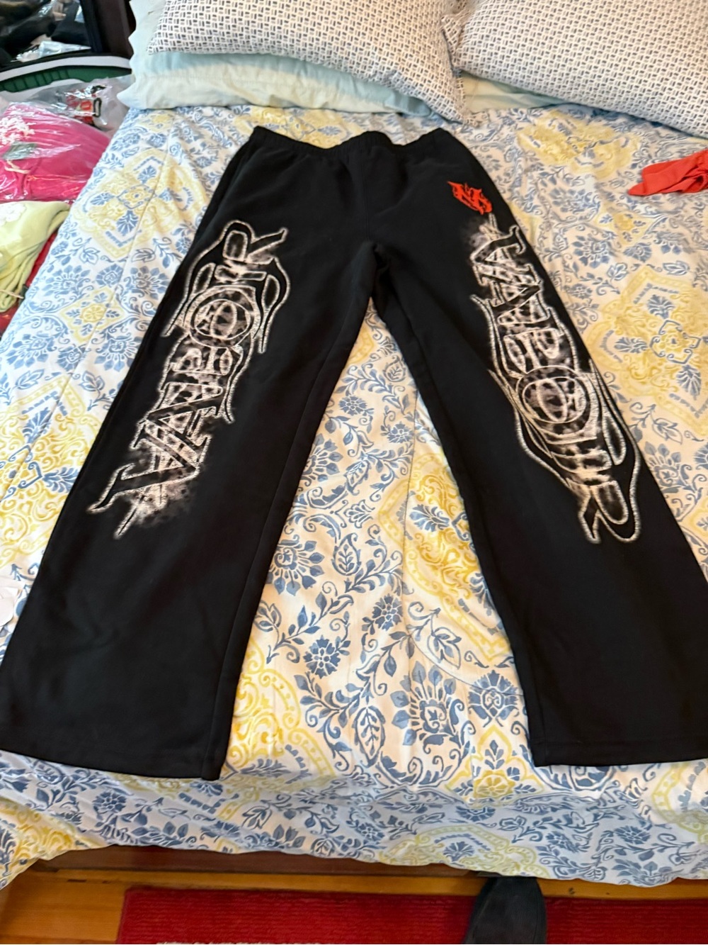 Valor Black Graphic Sweatpants with White Script and Red Accent